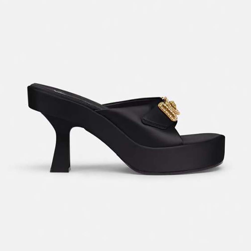 Side view of Versace Women Medusa Biggie Crystal Mules-Black showing heel