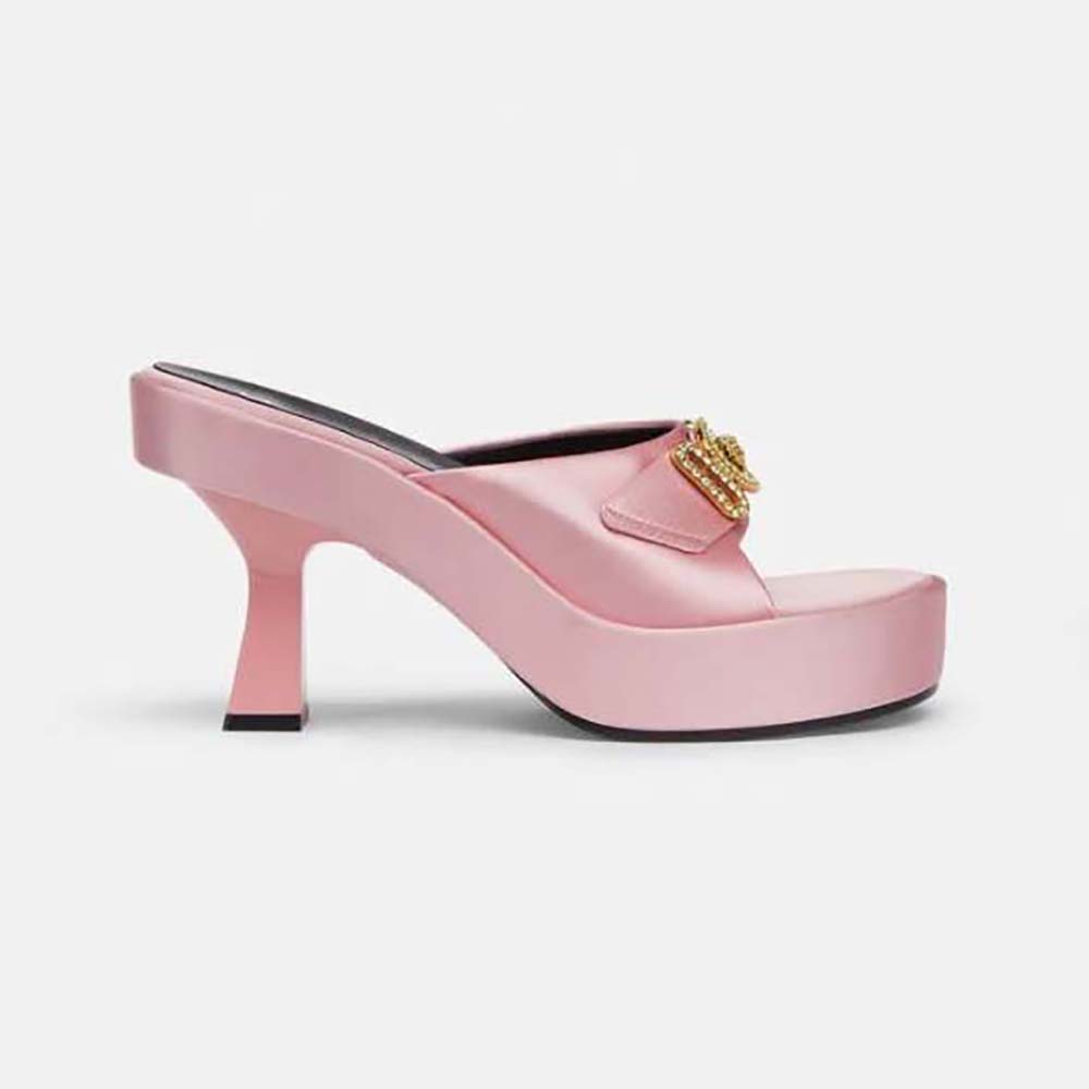 Side view of Versace Women Medusa Biggie Crystal Mules-Pink showing heel