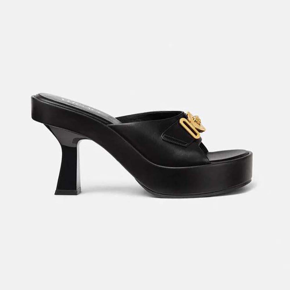 Side view of Versace Women Medusa Biggie Mules-Black showcasing gold Medusa emblem