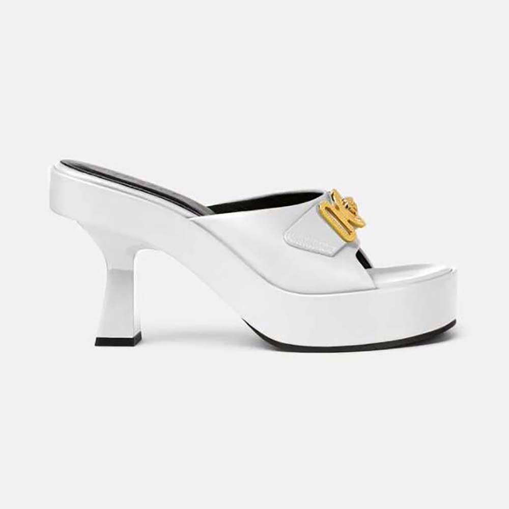Side view of Versace Women Medusa Biggie Mules-White with gold Medusa detail