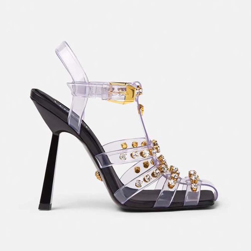 Versace Women Medusa Cage Sandals-Black side view showing elegant silhouette