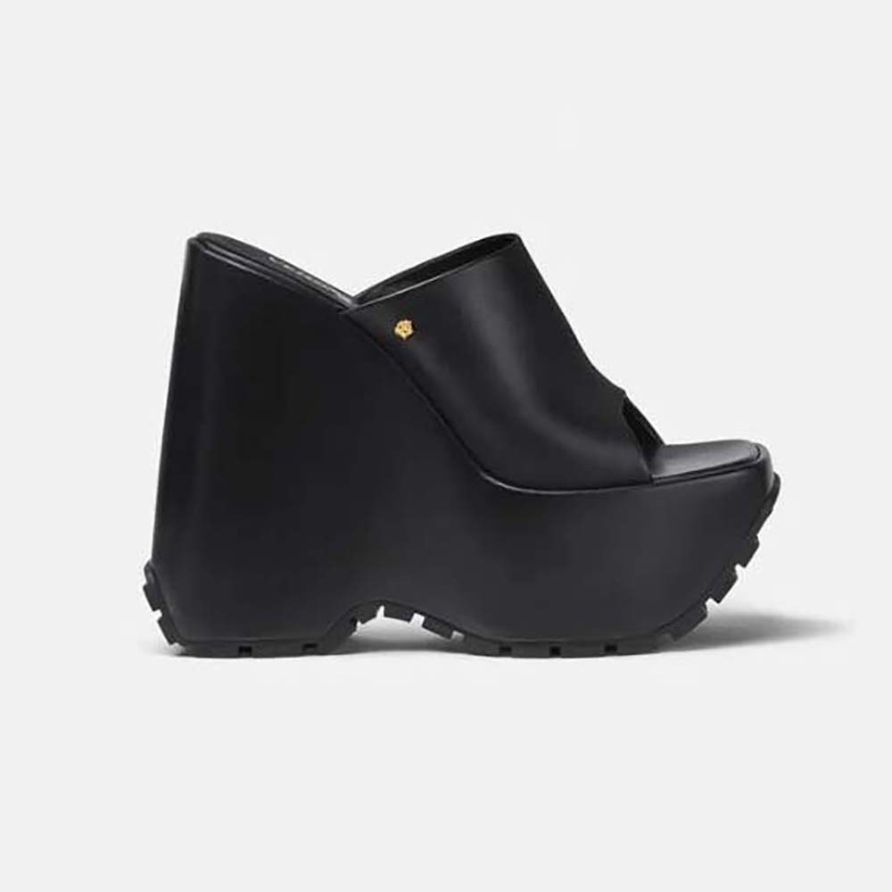 Side profile of Versace Women Triplatform Leather Mules-Black showing triple platform
