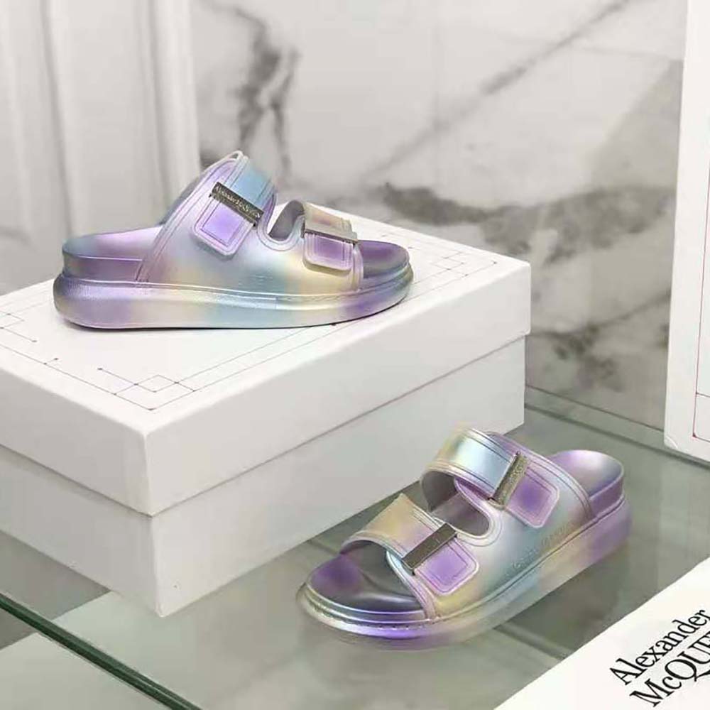 Top view showing oversized strap of Alexander Mcqueen Women Hybrid Slide in Silver