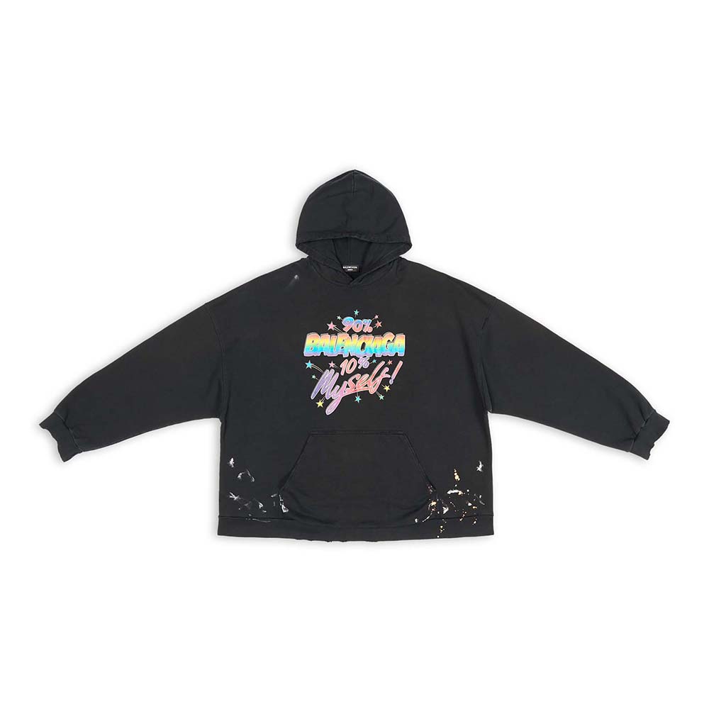 Front view of Balenciaga Men 90/10 Hoodie Wide Fit in Washed Black Medium Fleece