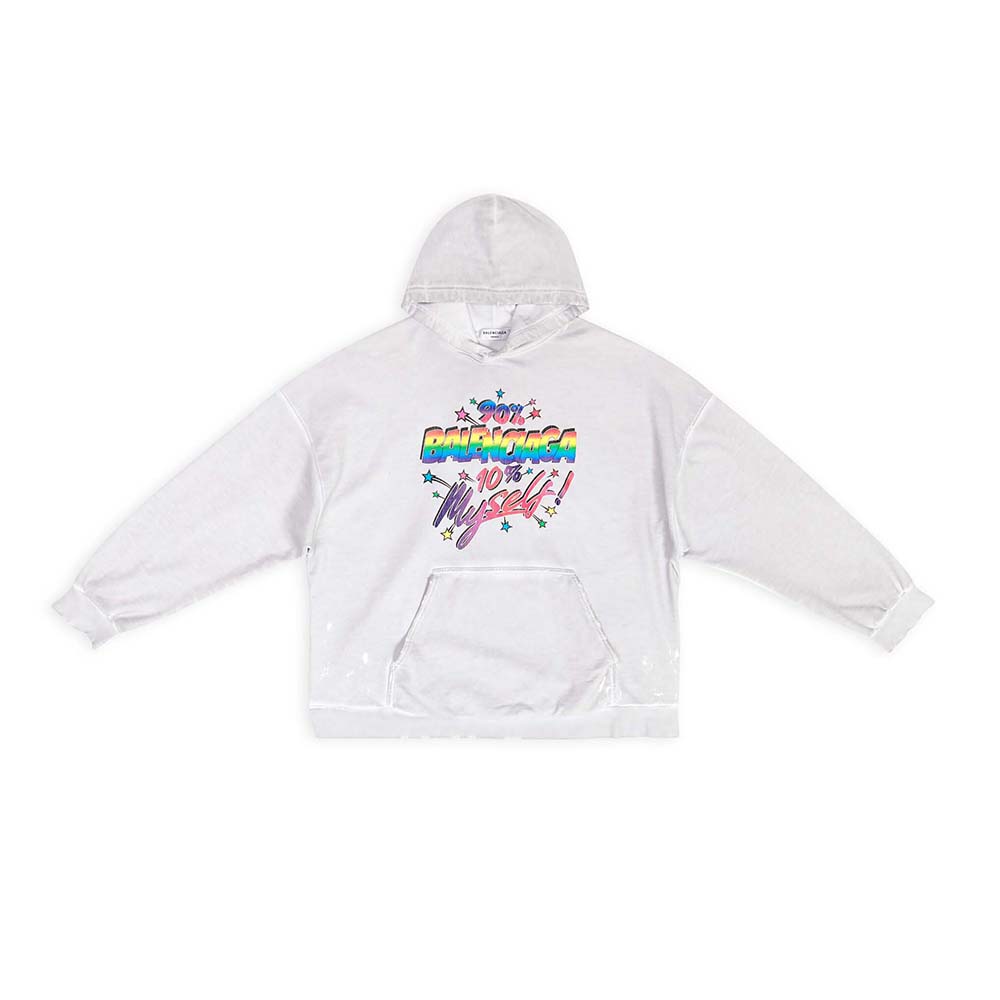 Front view of Balenciaga Men 90/10 Hoodie Wide Fit in White Medium Fleece