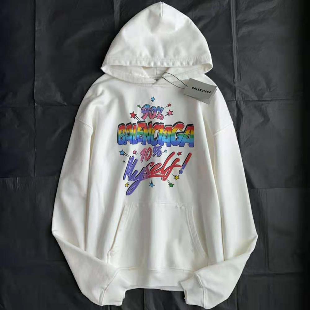 Close-up of fleece texture and oversized hood on Balenciaga hoodie