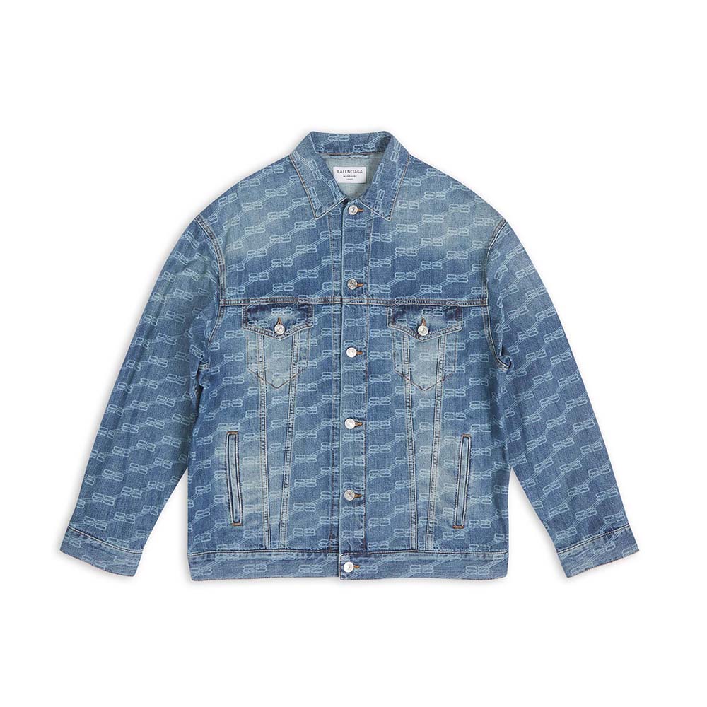 Front view of Balenciaga Men BB Monogram Large Fit Jacket in Blue Ring Denim