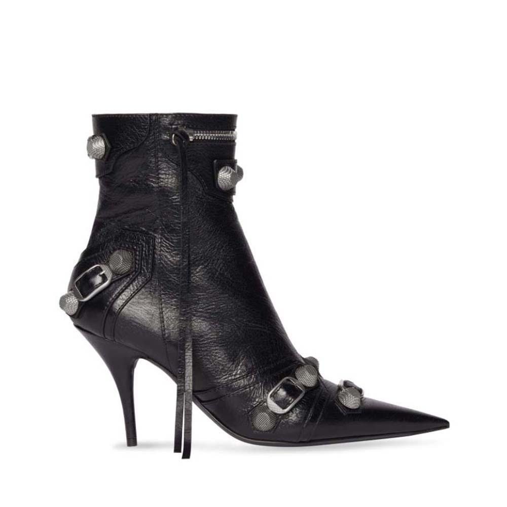 Side view of Balenciaga Women Cagole 90mm Bootie in black lambskin