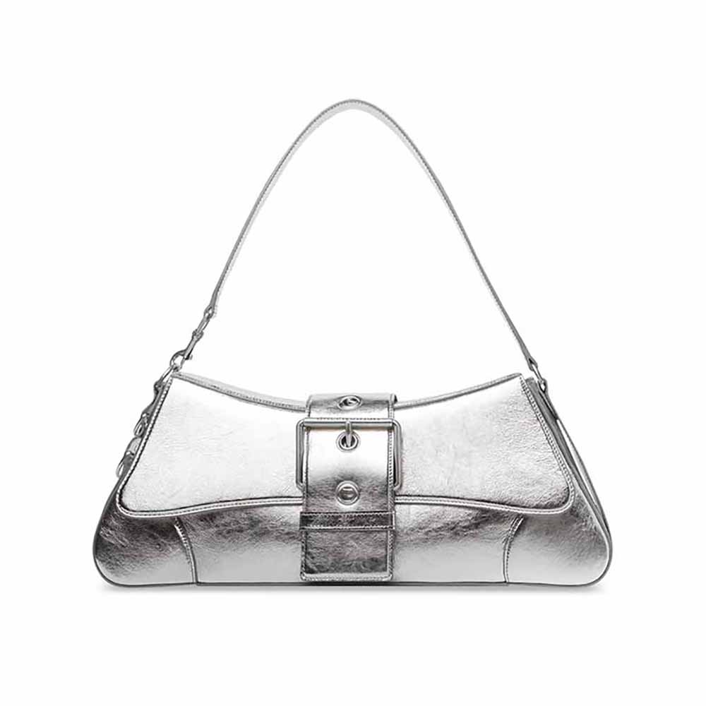Front view of Balenciaga Women Lindsay Small Shoulder Bag with Strap Pleated Mirror Effect-Silver