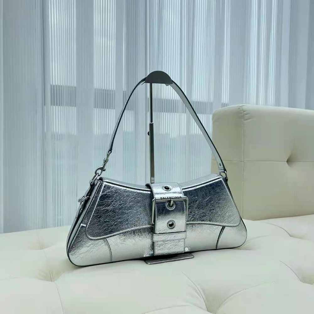 Balenciaga Women Lindsay Small Shoulder Bag with Strap Pleated Mirror Effect-Silver - image 4