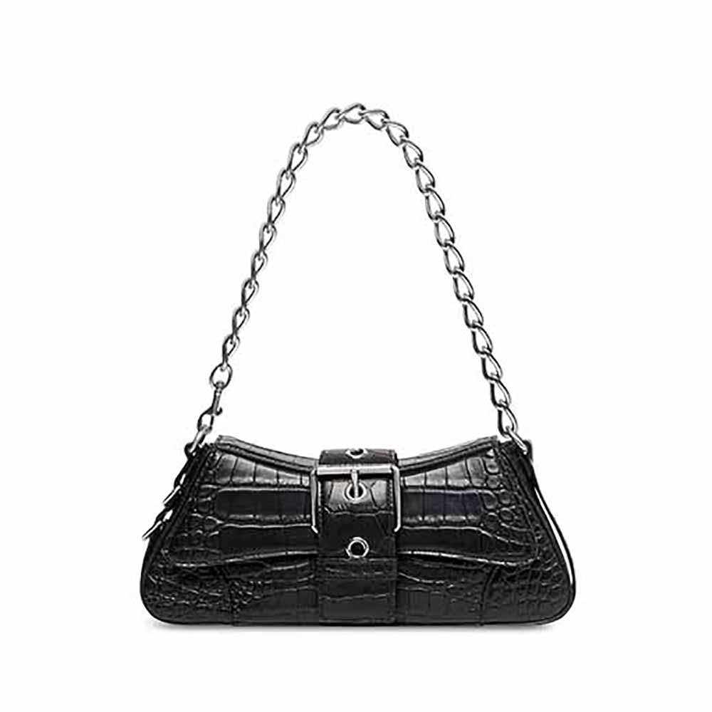 Front view of Balenciaga Women Lindsay Small Shoulder Bag in black crocodile leather