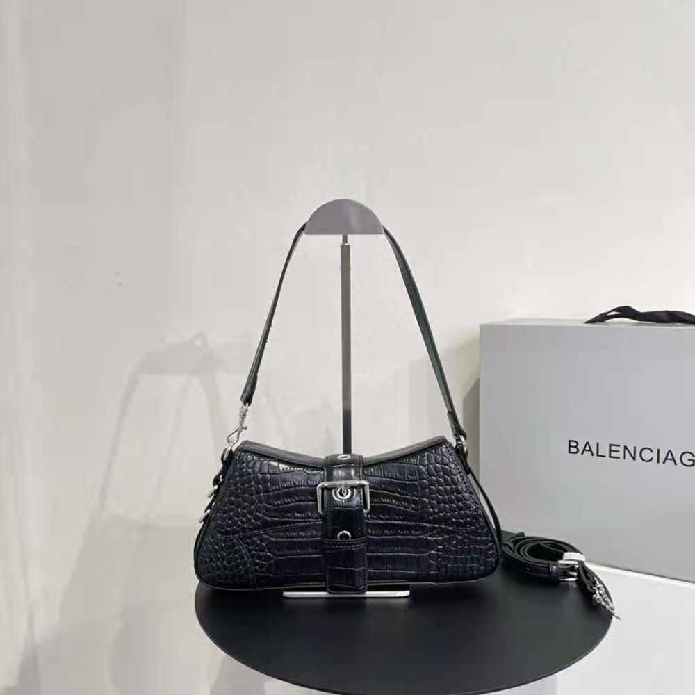 Close-up of gunmetal hardware and crocodile embossing on Balenciaga Women Lindsay Small Shoulder Bag
