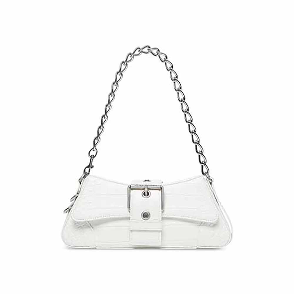 Front view of Balenciaga Women Lindsay Small Shoulder Bag with Strap Crocodile Embossed-White