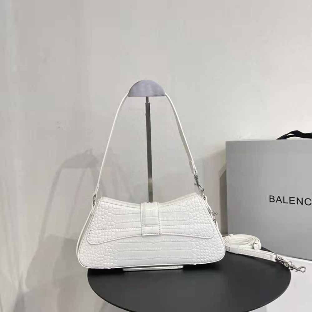 Side angle showing silver hardware and white leather of Balenciaga Women Lindsay Small Shoulder Bag