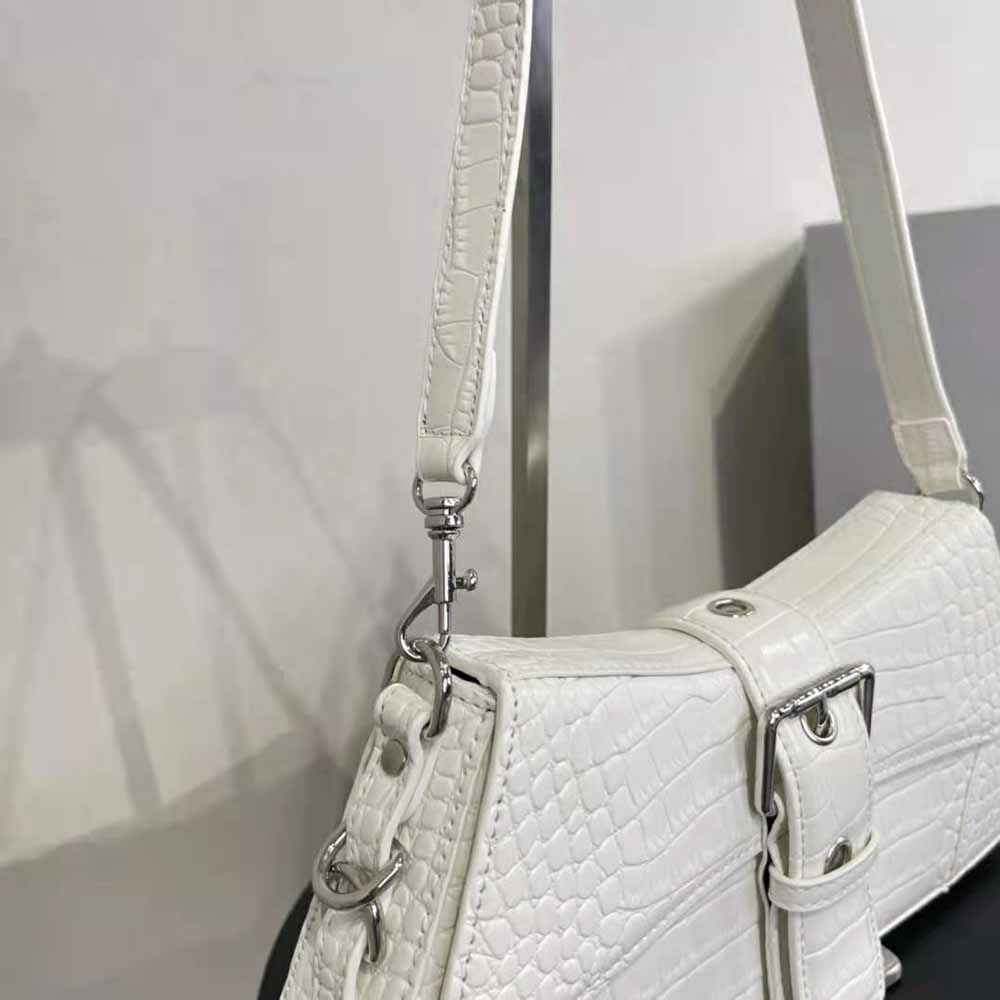 Balenciaga Women Lindsay Small Shoulder Bag with Strap Crocodile Embossed-White - image 7
