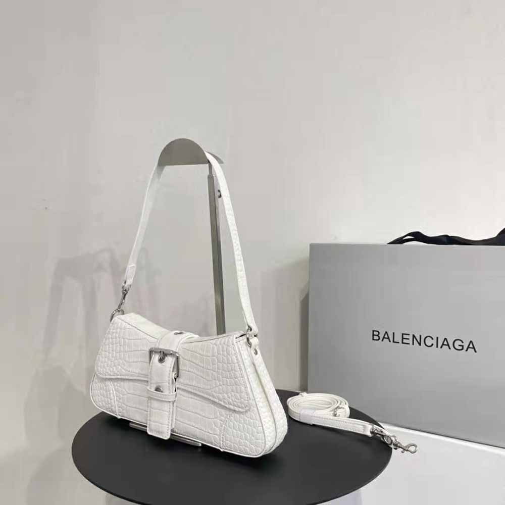 Balenciaga Women Lindsay Small Shoulder Bag with Strap Crocodile Embossed-White - image 5