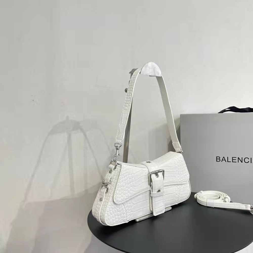 Balenciaga Women Lindsay Small Shoulder Bag with Strap Crocodile Embossed-White - image 4