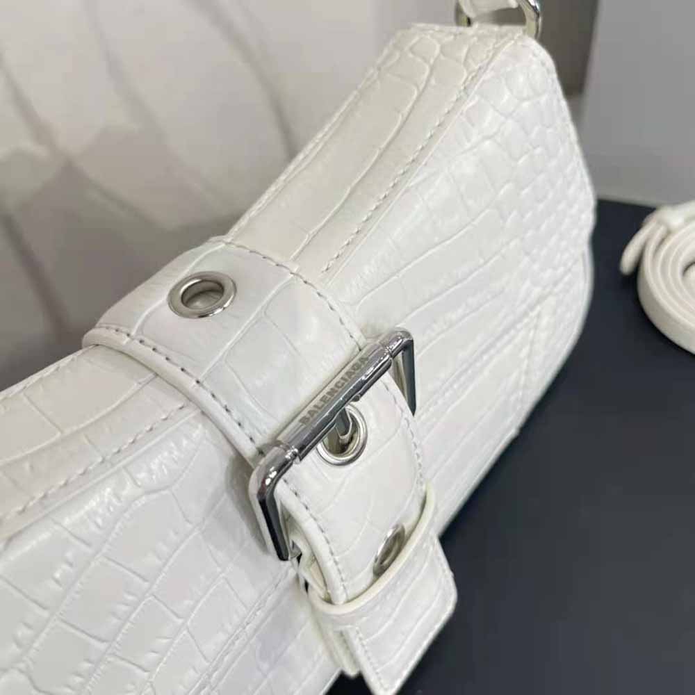 Balenciaga Women Lindsay Small Shoulder Bag with Strap Crocodile Embossed-White - image 9
