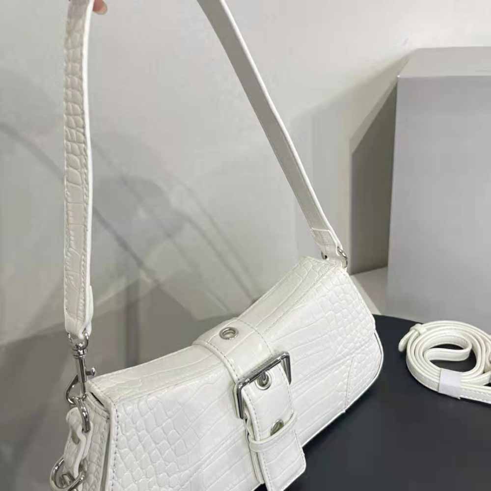 Balenciaga Women Lindsay Small Shoulder Bag with Strap Crocodile Embossed-White - image 8