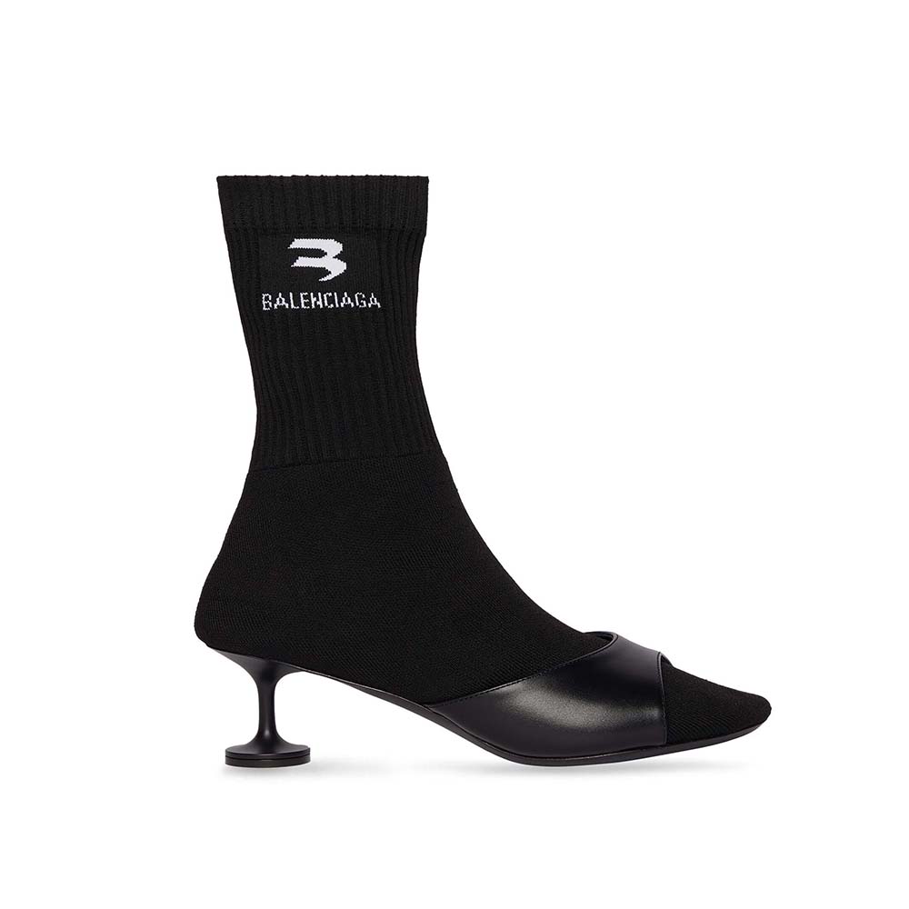 Side angle of Balenciaga Women Sock 50mm Bootie showing black calfskin and knit