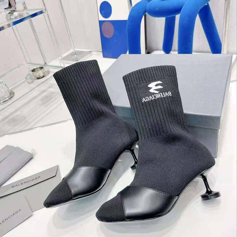 Balenciaga Women Sock 50mm Bootie in Black Smooth Calfskin and Black Recycled Knit - image 5