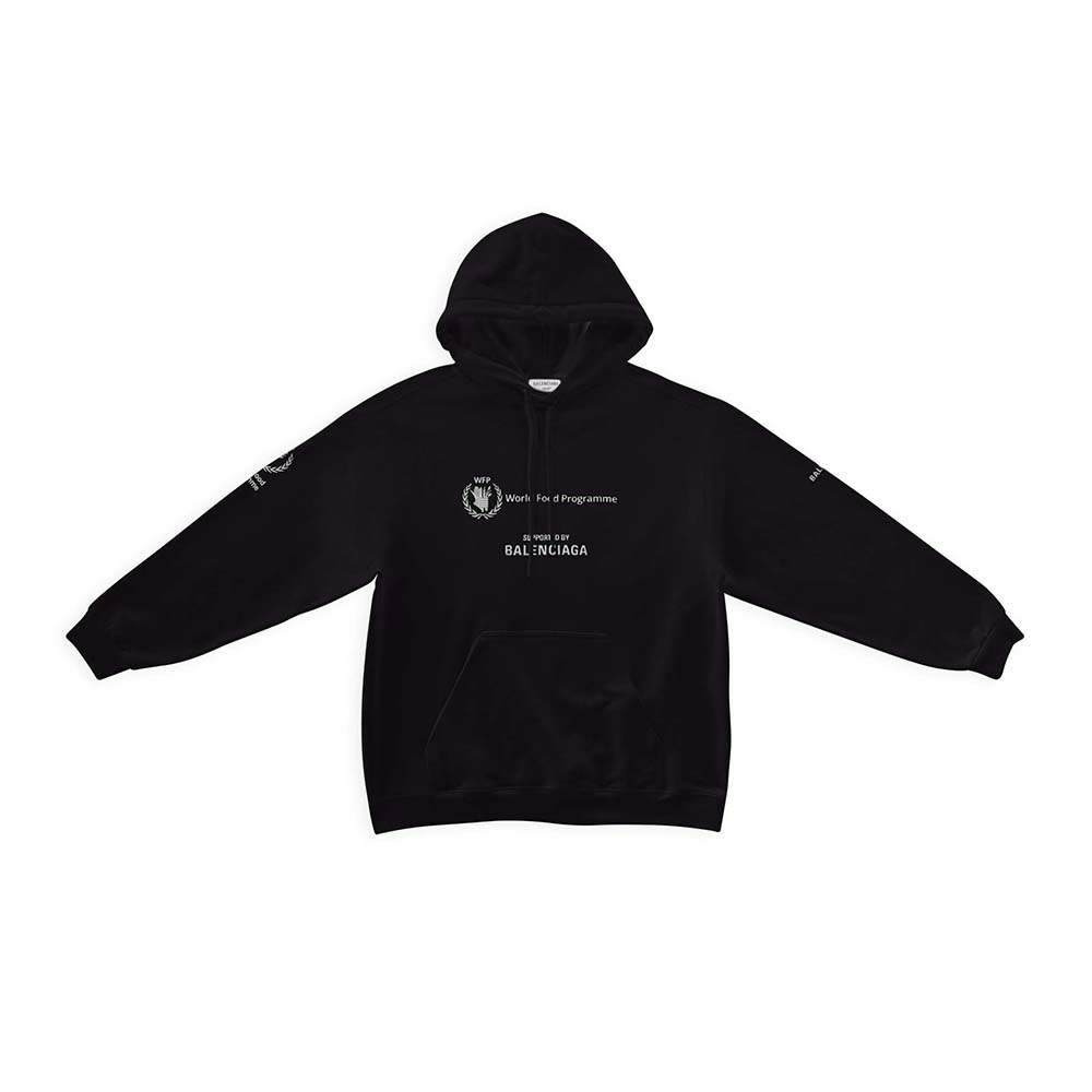 Front view of Balenciaga Men WFP Hoodie Medium Fit in black fleece