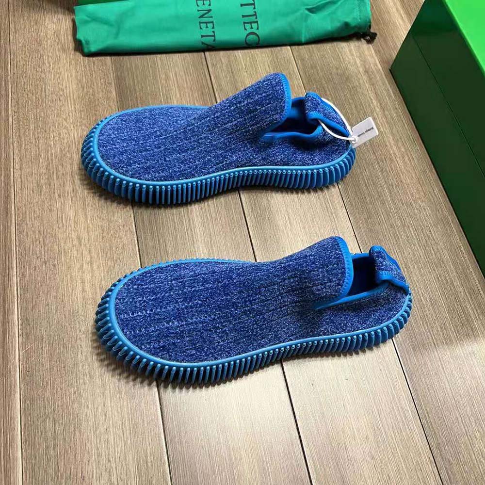 Overhead view of slip-on design and rich blue fabric of Bottega Veneta sneakers