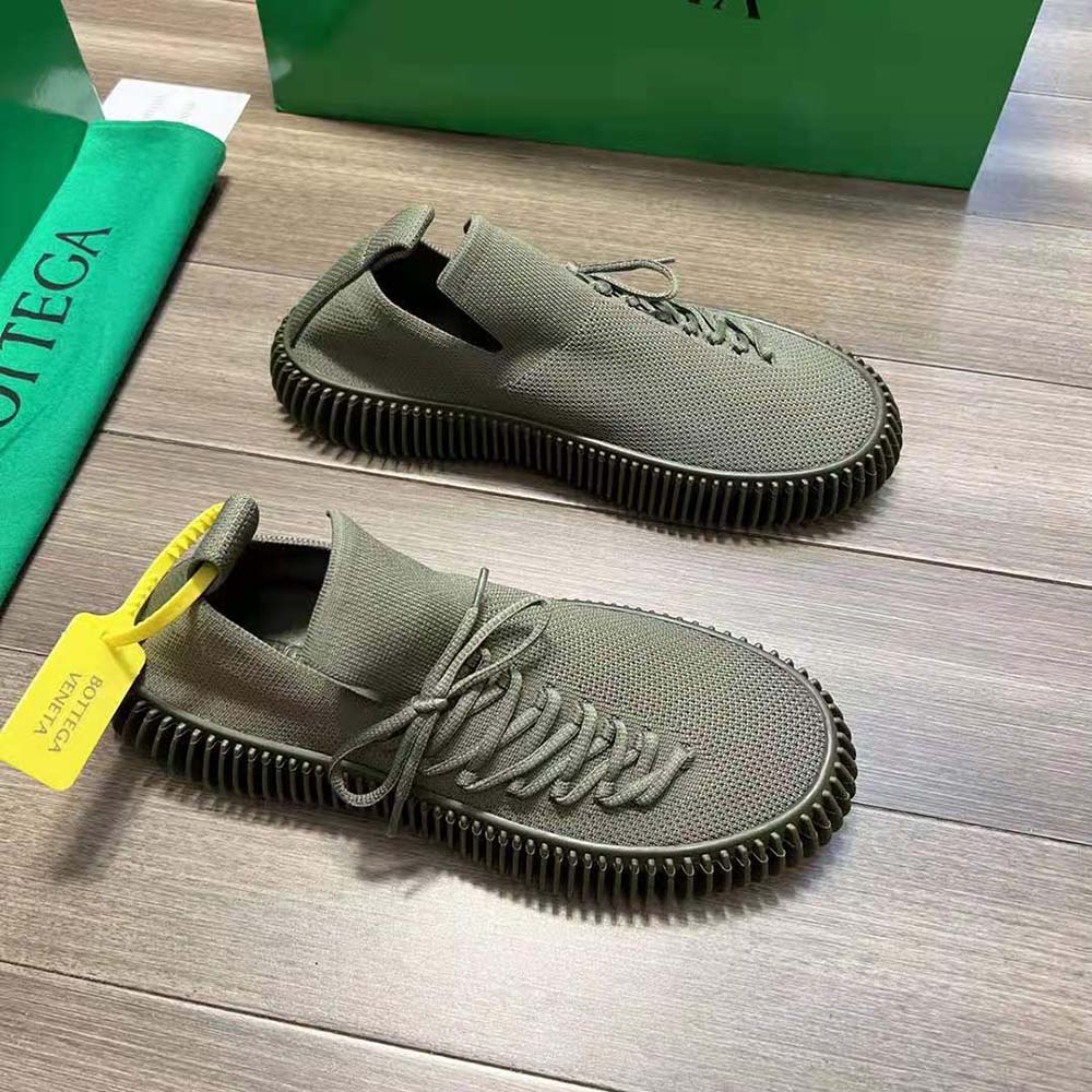 Top view showing knit texture and green laces of Bottega Veneta Unisex Ripple Tech Sneakers