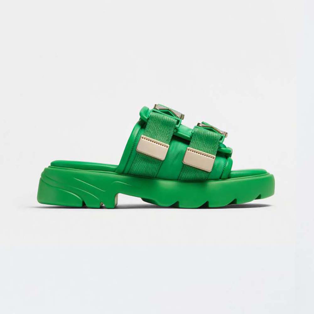 Side view of Bottega Veneta Women Flash Padded Technical Fabric Flat Sandals-Green