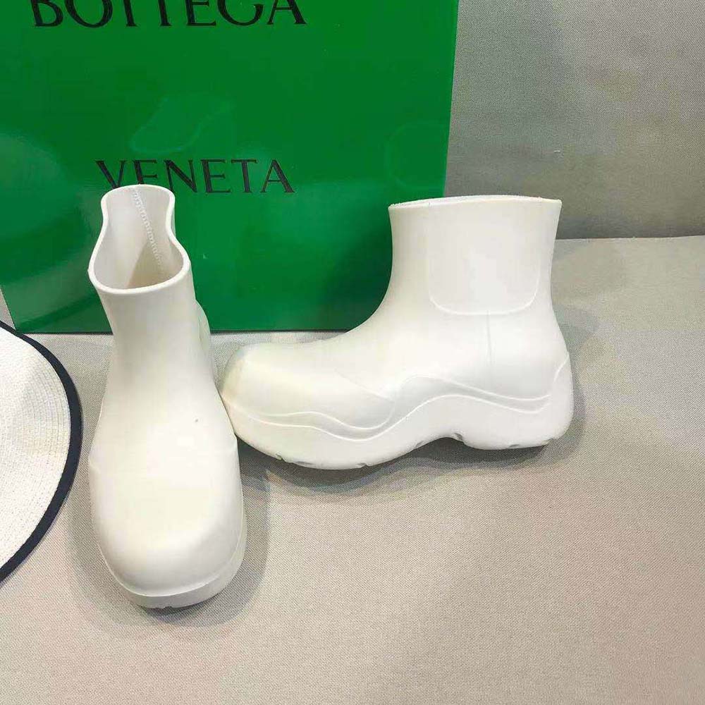 Front angle of Bottega Veneta Unisex Puddle Ankle Boot-White on white background