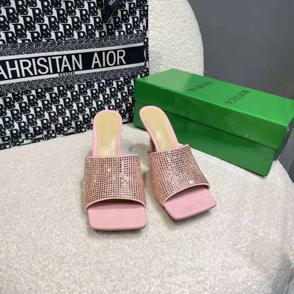 Top view highlighting stretch fit on Bottega Veneta Pink silk mules