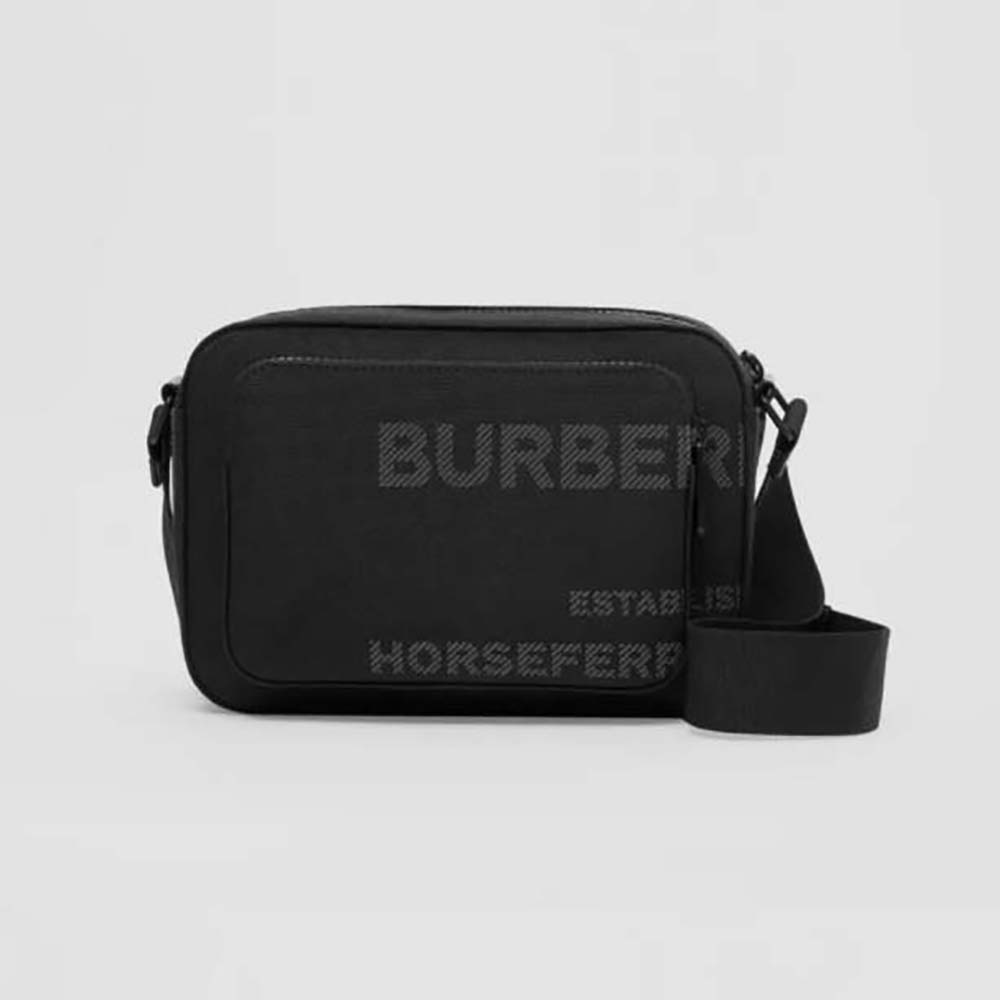 Front view of Burberry Men Horseferry Print Nylon Crossbody Bag in black