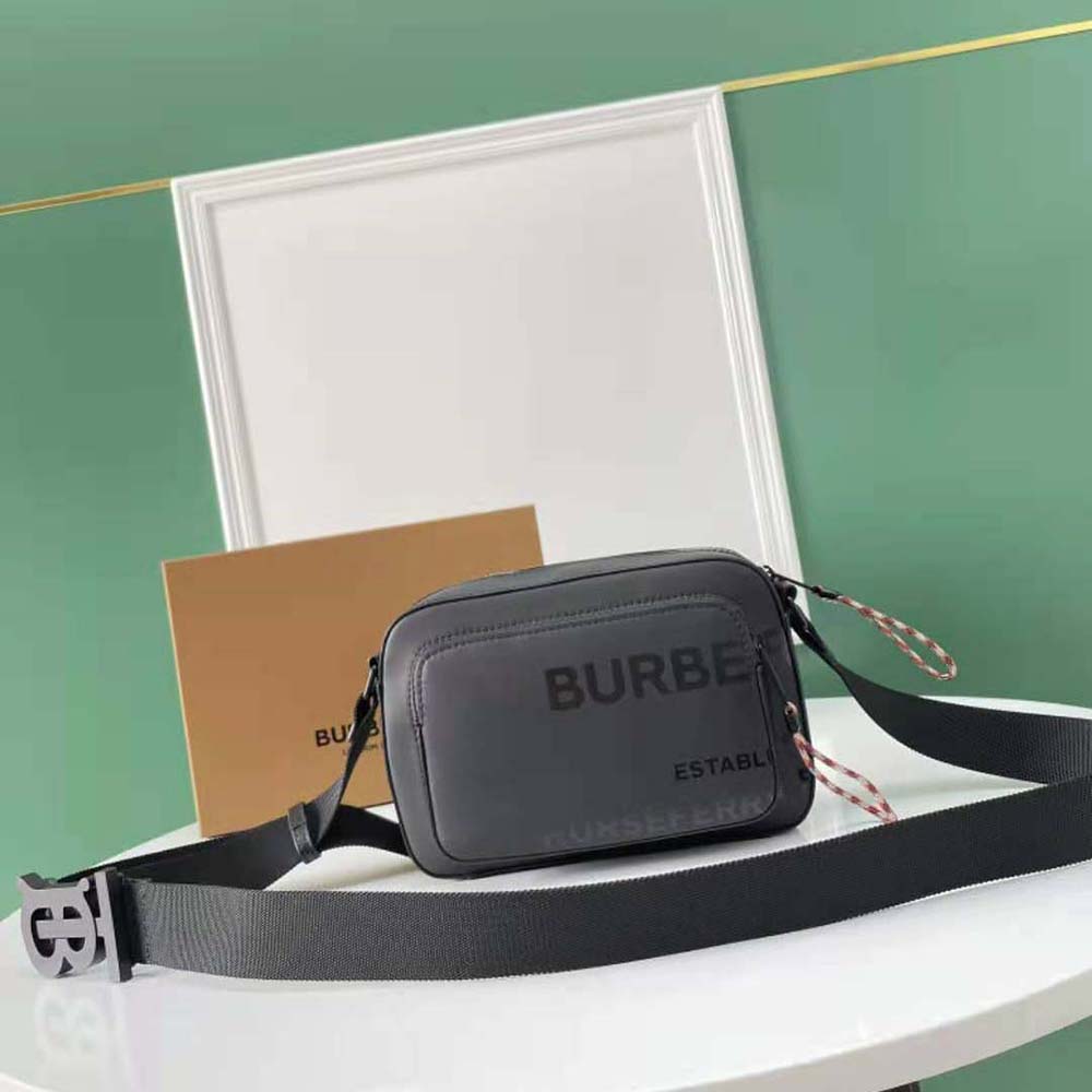 Close-up of Horseferry print hardware on Burberry crossbody bag