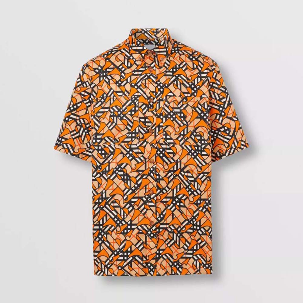Front view of Burberry Men Short-Sleeve Monogram Print Cotton Poplin Shirt