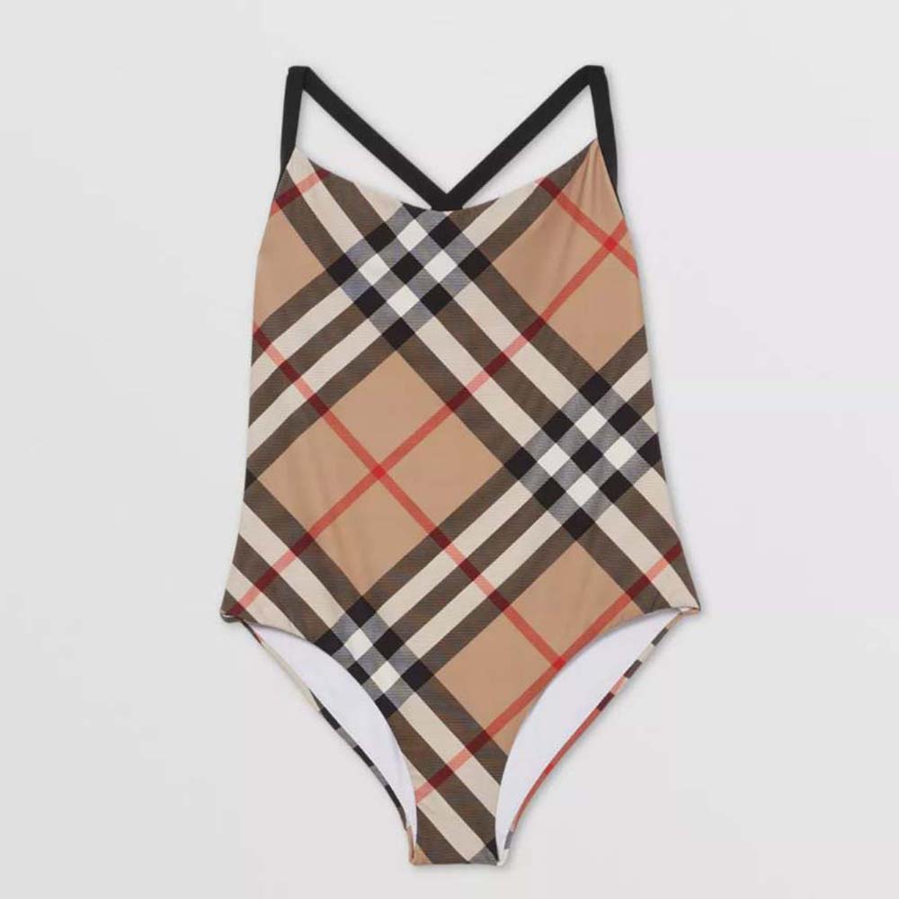 Front view of Burberry Women Exaggerated Check Swimsuit in beige