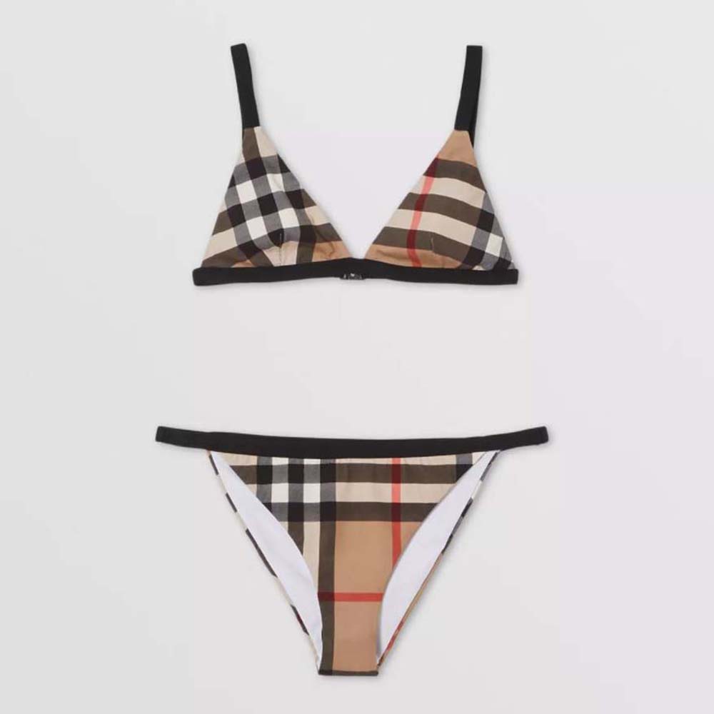 Front view of Burberry Women Exaggerated Check Triangle Bikini in brown