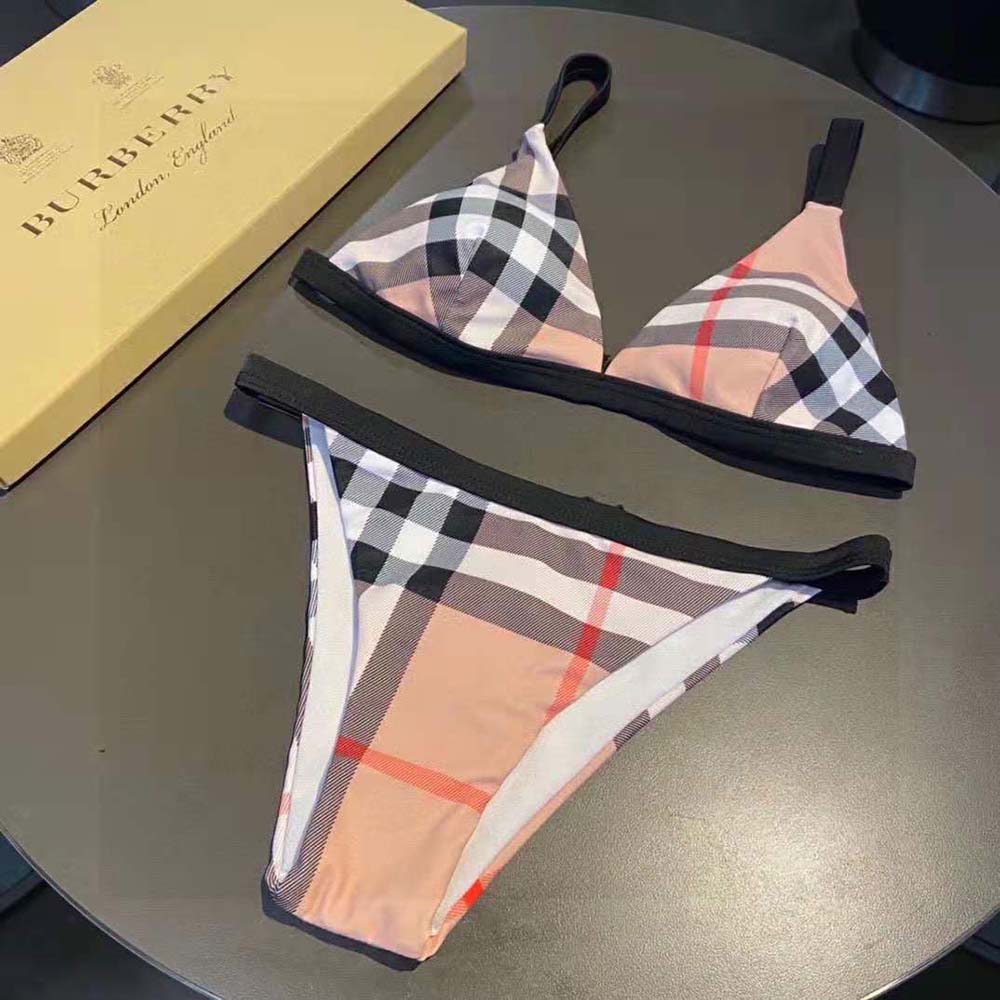 Close-up of Burberry check pattern and adjustable ties on bikini