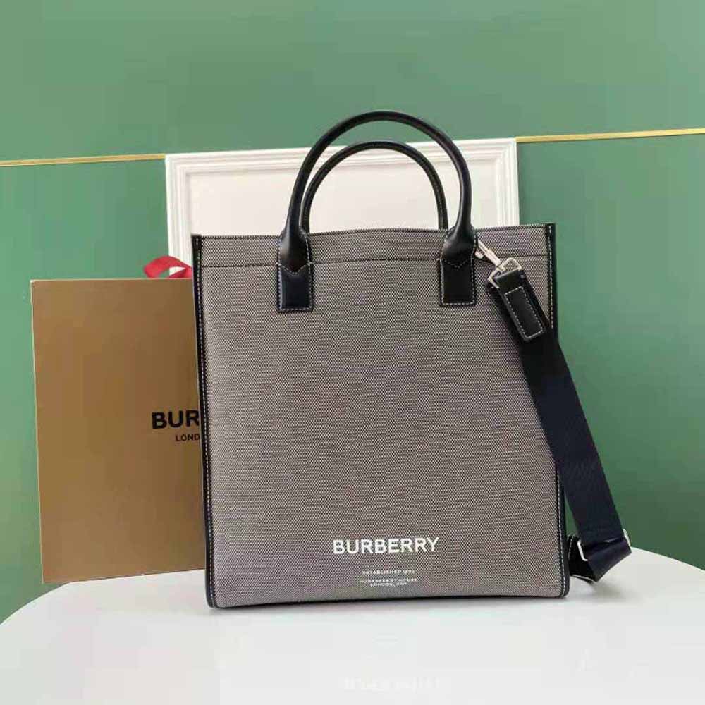 Close-up of Burberry tote’s horseferry print and gold-tone hardware details