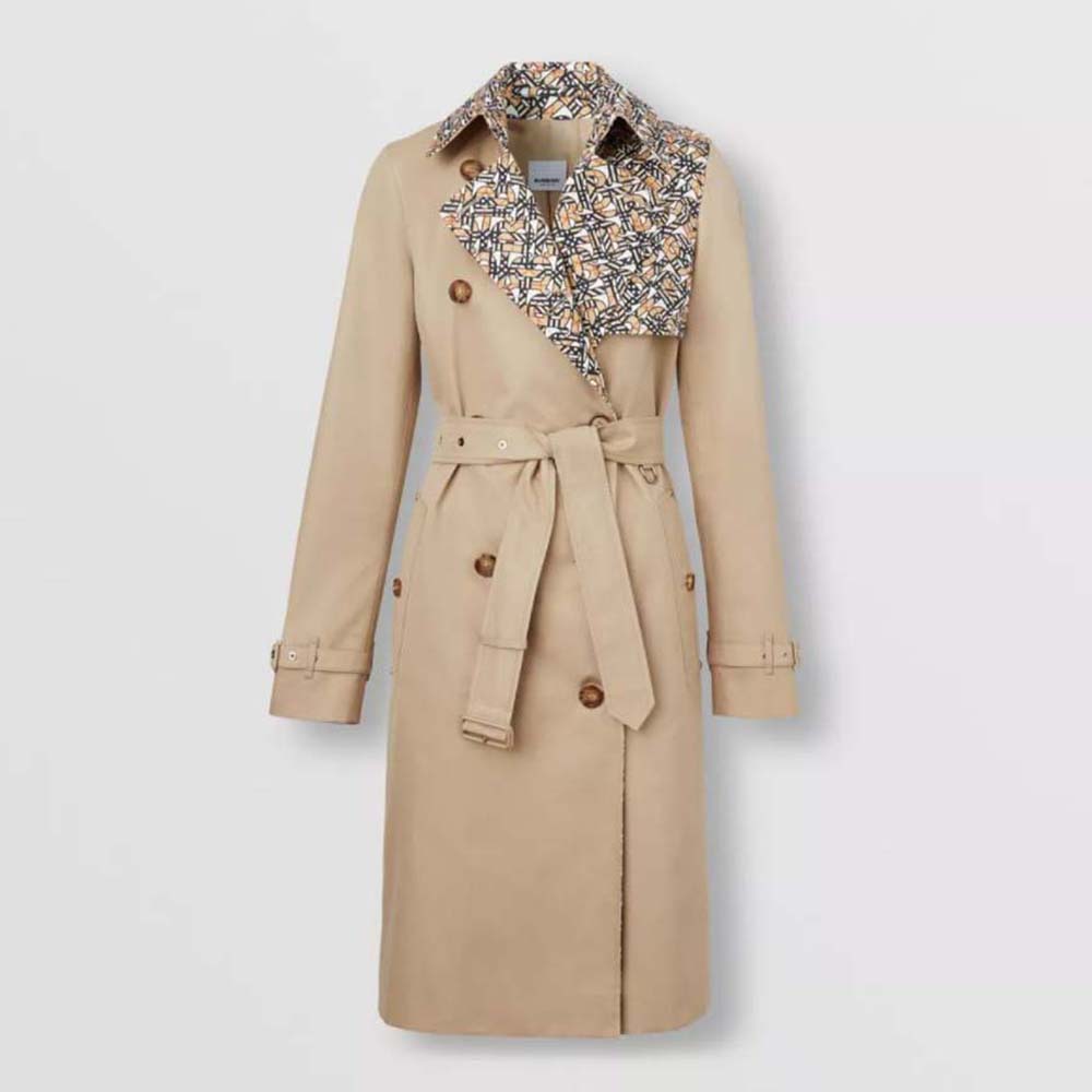 Front view of Burberry Women Monogram Print Detail Cotton Gabardine Trench Coat