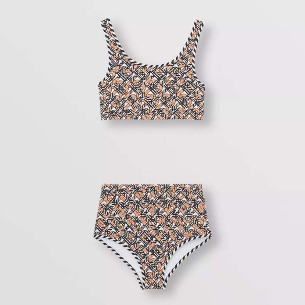 Front view of Burberry Women Monogram Print Stretch Nylon Bikini in brown