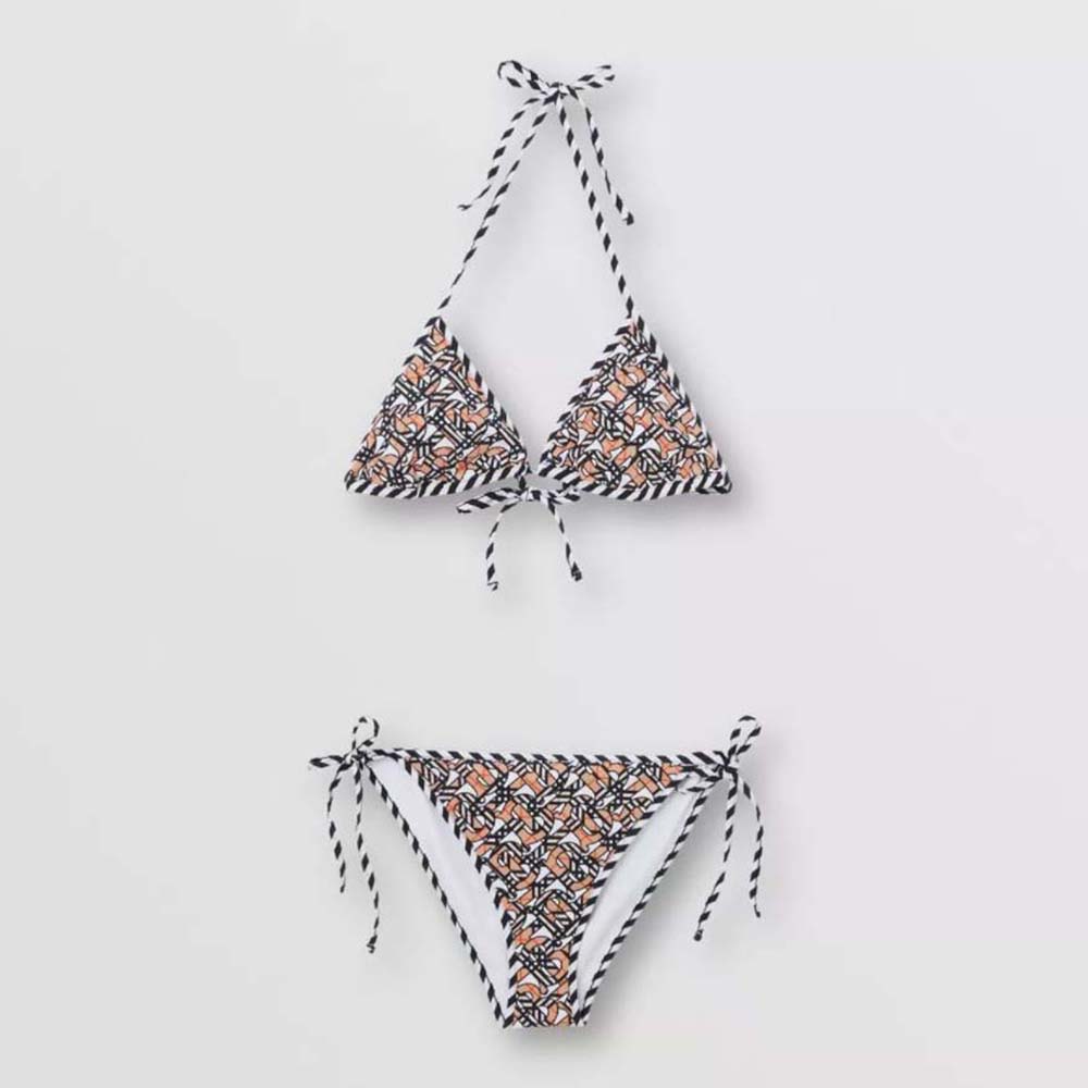 Front view of Burberry Women Monogram Print Stretch Nylon Triangle Bikini