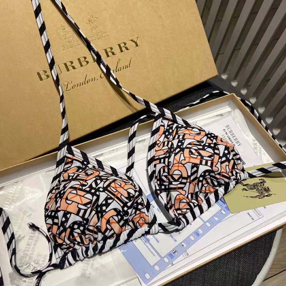 Back view showing adjustable ties of Burberry Women Monogram Print Stretch Nylon Triangle Bikini