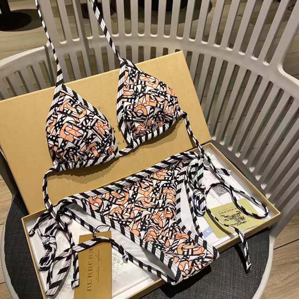 Close-up detail of Burberry signature monogram on triangle bikini