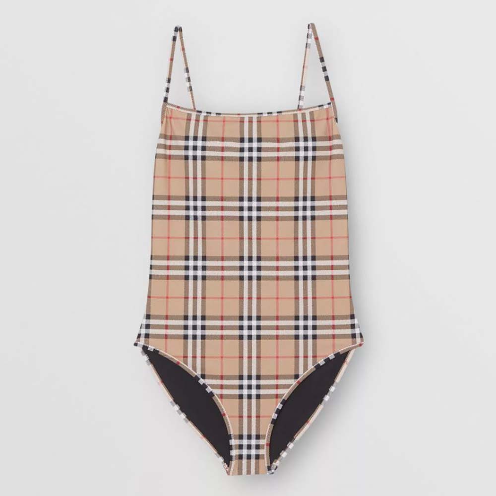 Front view of Burberry Women Vintage Check Swimsuit-Beige showing fitted silhouette