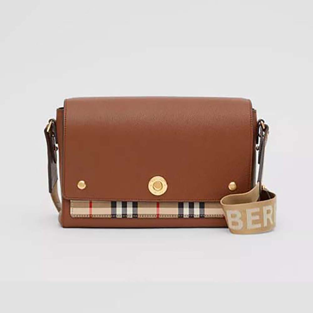 Front view of Burberry Women Vintage Check and Leather Note Crossbody Bag-Brown
