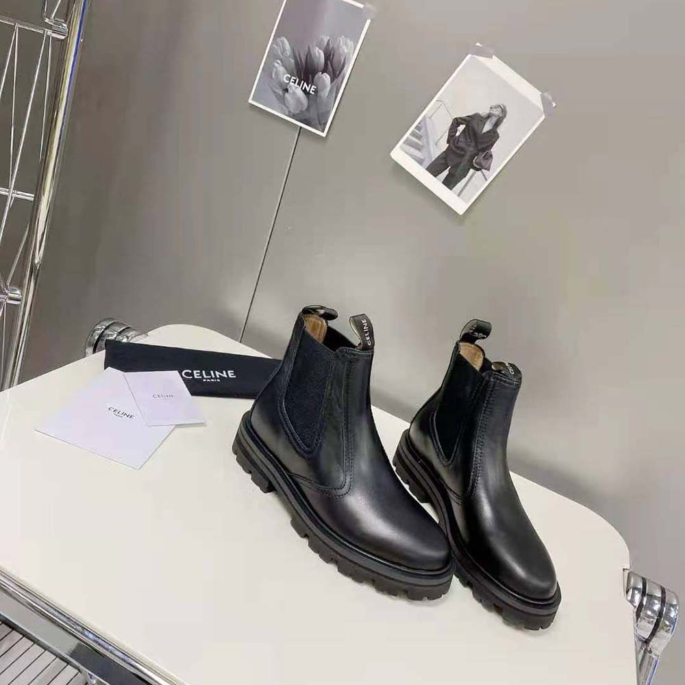 Side profile showing polished leather finish of Celine Men Margaret Chelsea Boot