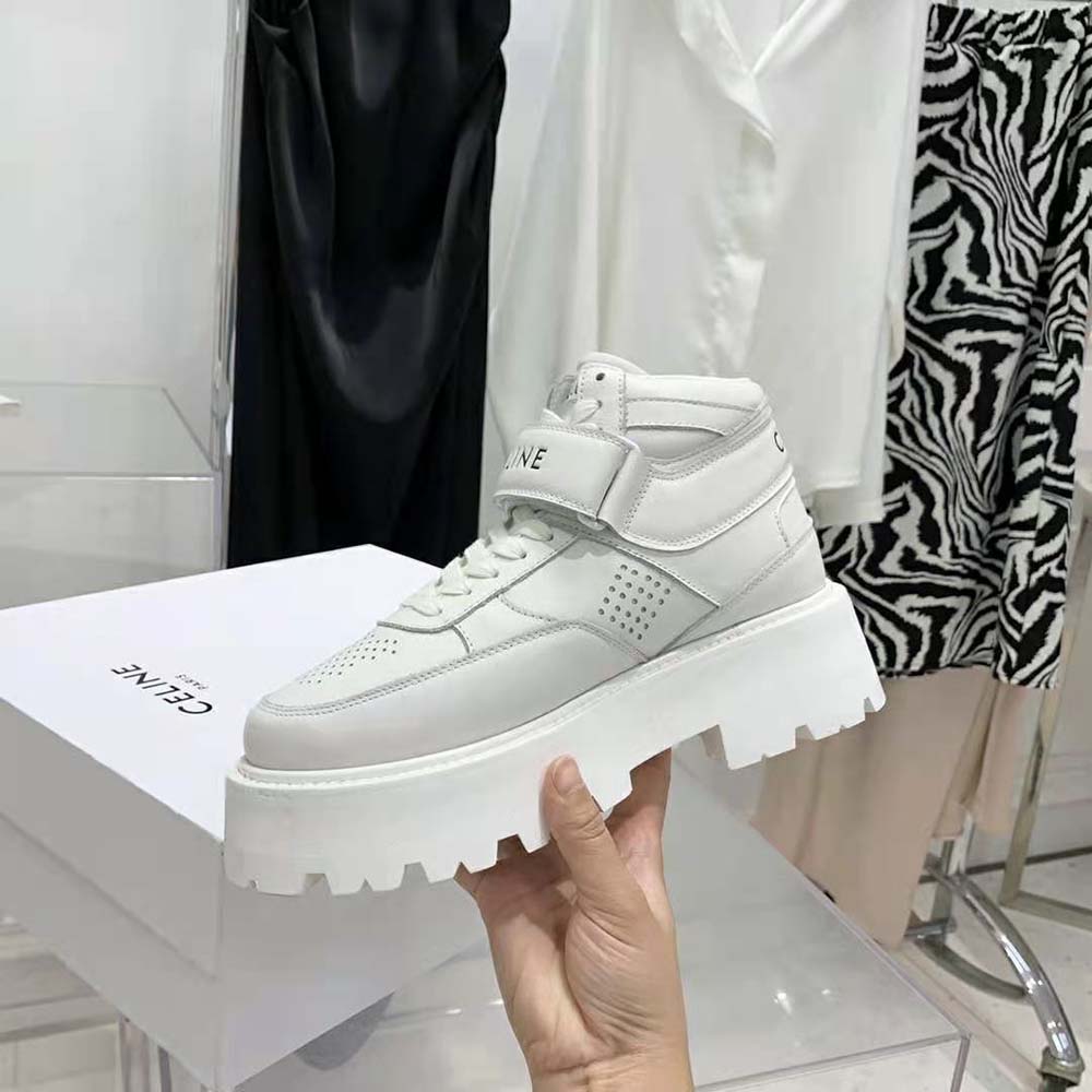 Celine Unisex Bulky Trainer High Sneaker with Velcro in Calfskin-White - image 6