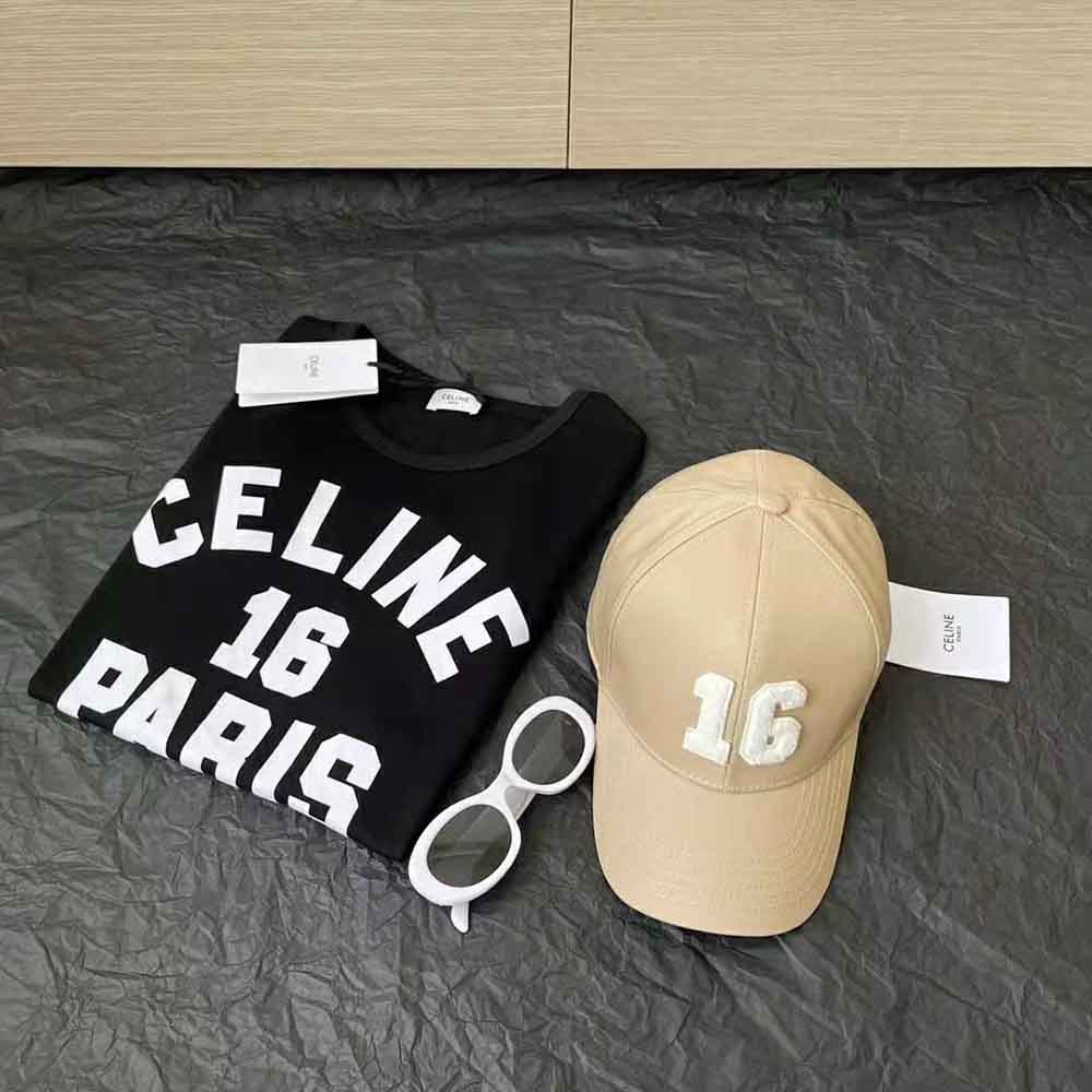 Close-up on signature patch of Celine Women 16 Patch Cotton Baseball Cap-Beige