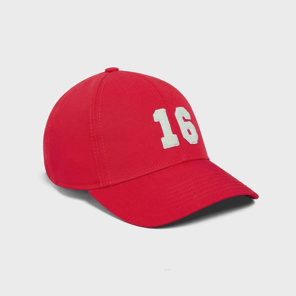 Front view of Celine Women 16 Patch Cotton Baseball Cap-Red showing signature patch