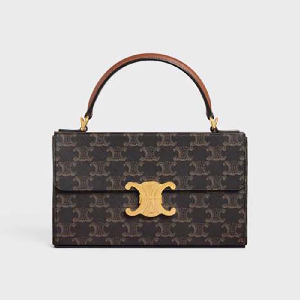 Front view of Celine Women Box Triomphe in brown calfskin and canvas